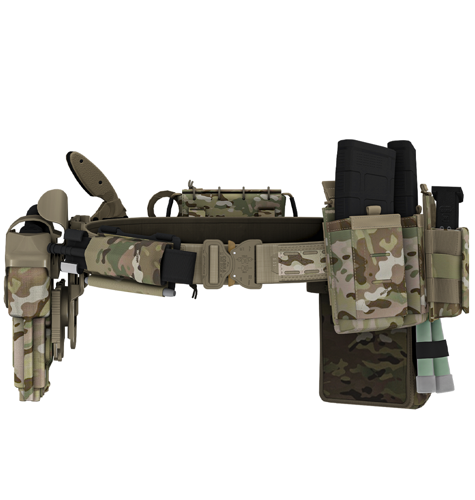 Multicam tactical belt with various pouches and equipment on a white background