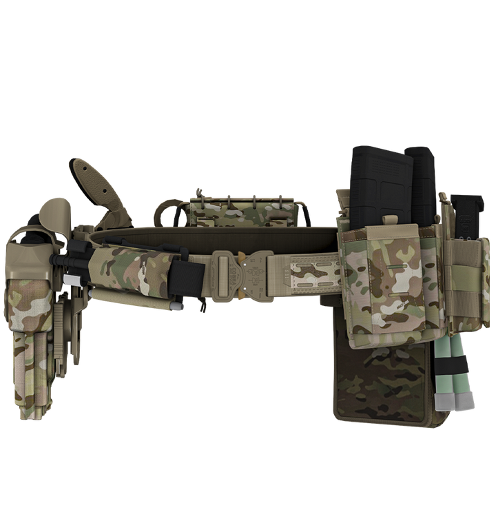 Multicam tactical belt with various pouches and equipment on a white background