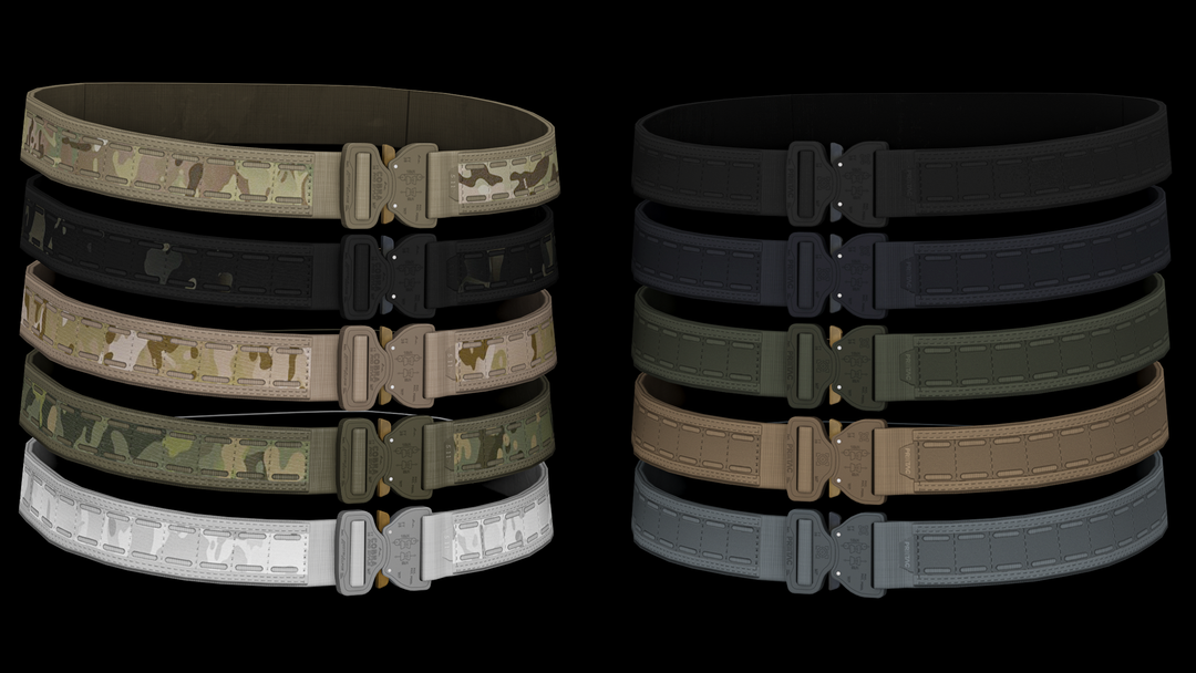 Set of tactical belts in various colors on a black background