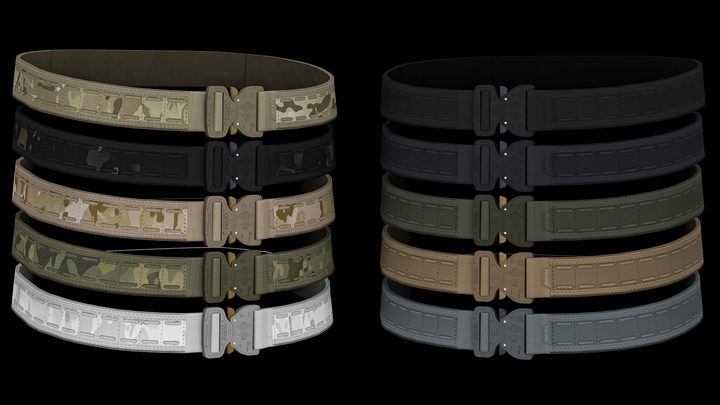 Set of tactical belts in various colors on a black background
