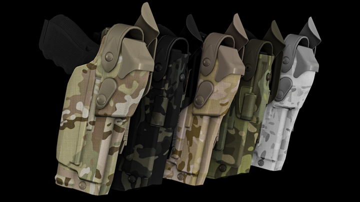 Set of camouflage holster designs on a black background