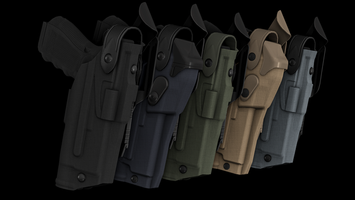 Set of five holsters in different colors on a black background